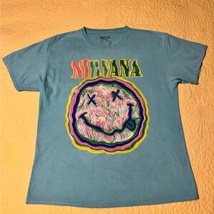 NIRVANA Band Smiley Face NEVERMIND Graphic Shirt Medium light Blue